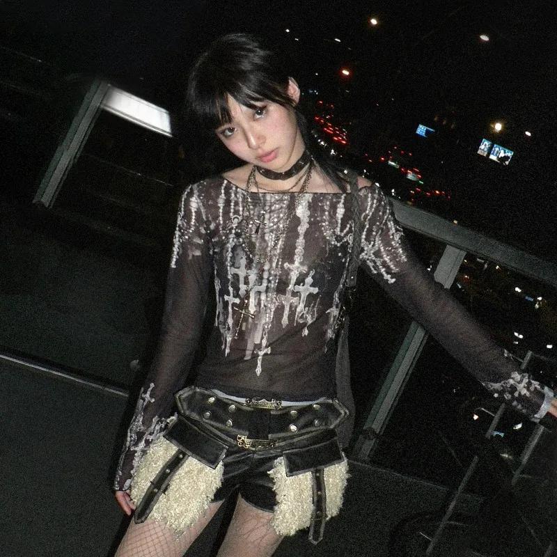 Karrram Grunge esthétique maille hauts japonais Y2k tatouage imprimé hauts transparents Vintage Hara