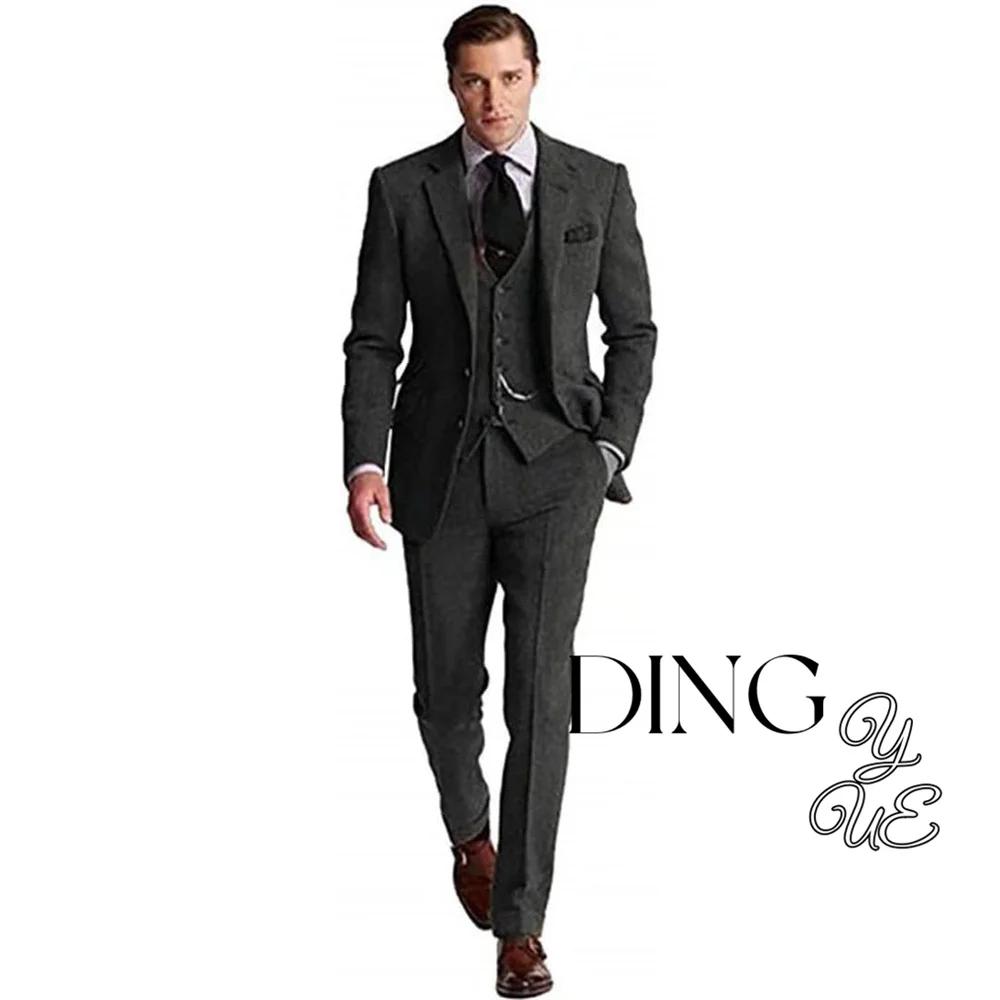 Ensemble de costume rétro 3 pièces pour hommes, en Tweed marron et gris à chevrons, coupe cintrée, T