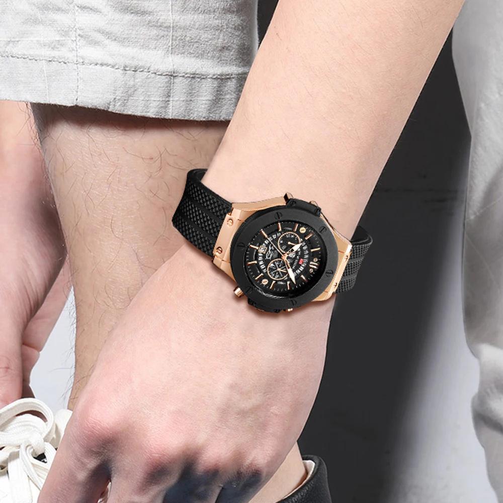 Montre de sport en Silicone noir pour hommes, main ajourée de 46mm, grand cadran, or Rose, Style mil