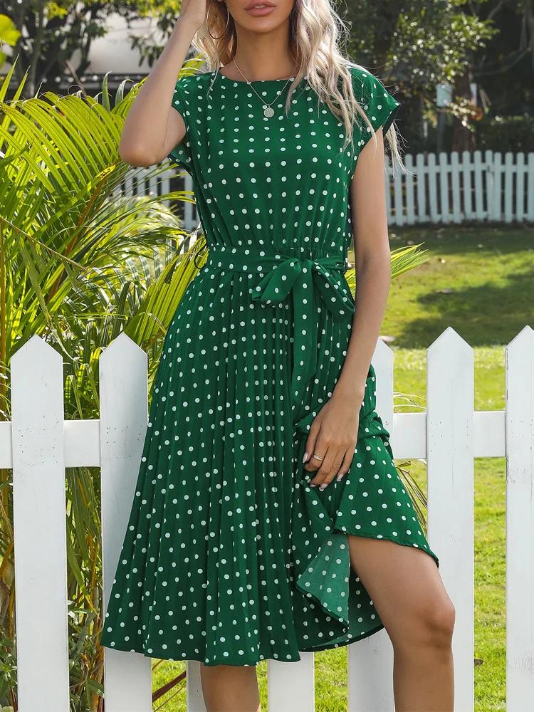 Benuynffy-Robe trapèze ceinturée à pois pour femmes, col rond, manches cape, longueur genou, froncée