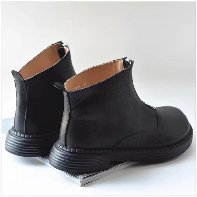 Bottes de chevalier rétro faites à la main pour femmes, bottes courtes en cuir naturel, bout large, 