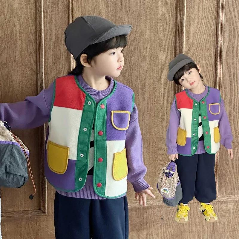 Gilet polaire pour enfants, Patchwork coloré, isolation thermique, chaud, pour garçons, nouvelle col