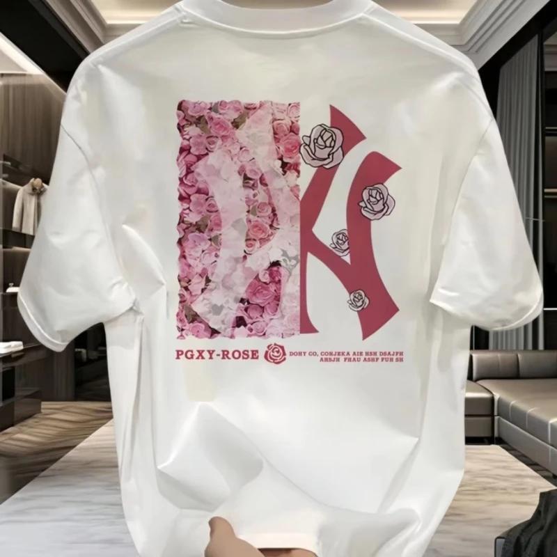 Nouveau T-shirt d'été à col rond en coton épais imprimé, style américain, à manches courtes, pour ho