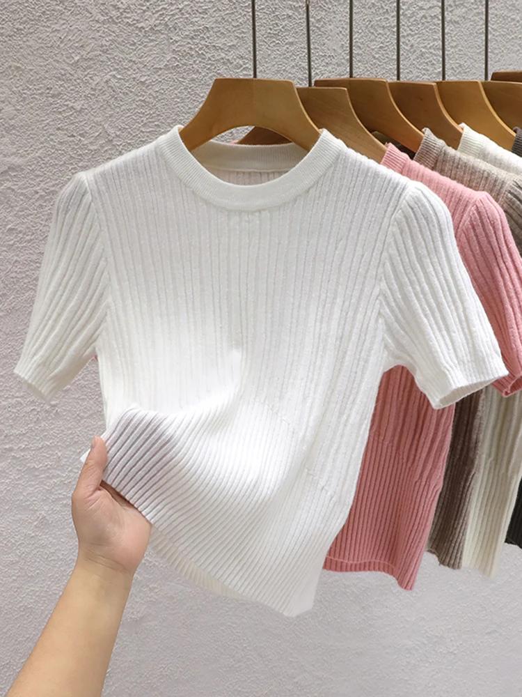 T-shirts d'été 2026 pour femmes – Décontractés, style coréen, tricotés, streetwear, basiques, unis, 