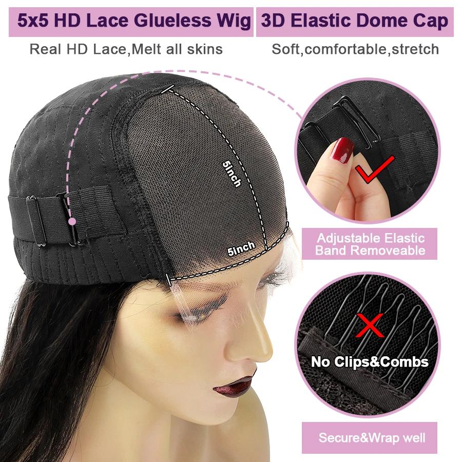 Wow Angel 5x5 Wear Go HD Lace Closure Glueless Wigs 28in Perruque droite malaisienne Perruques humai