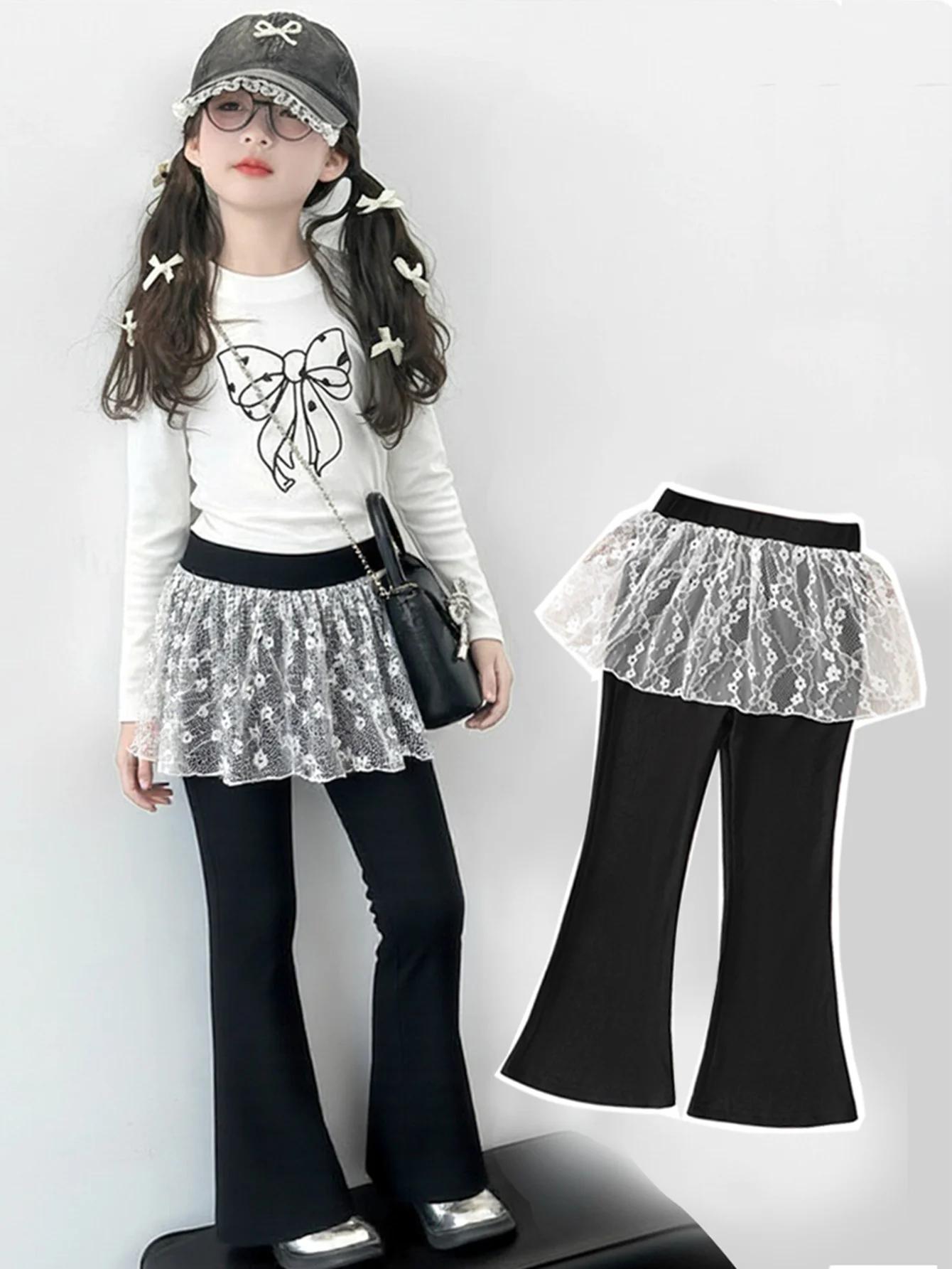 Pantalon évasé pour filles avec dentelle, 3-10 ans, en tissu côtelé confortable, printemps-automne, 