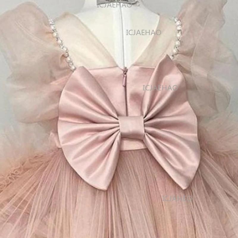 Robe Tutu Perlée pour Enfants avec Nœud et Longue Traîne, Robe de Cérémonie pour Filles, Tenue de Pr