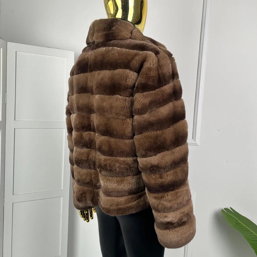 Veste en fourrure de lapin Rex véritable avec fermeture éclair, manteau en fourrure de chinchilla av