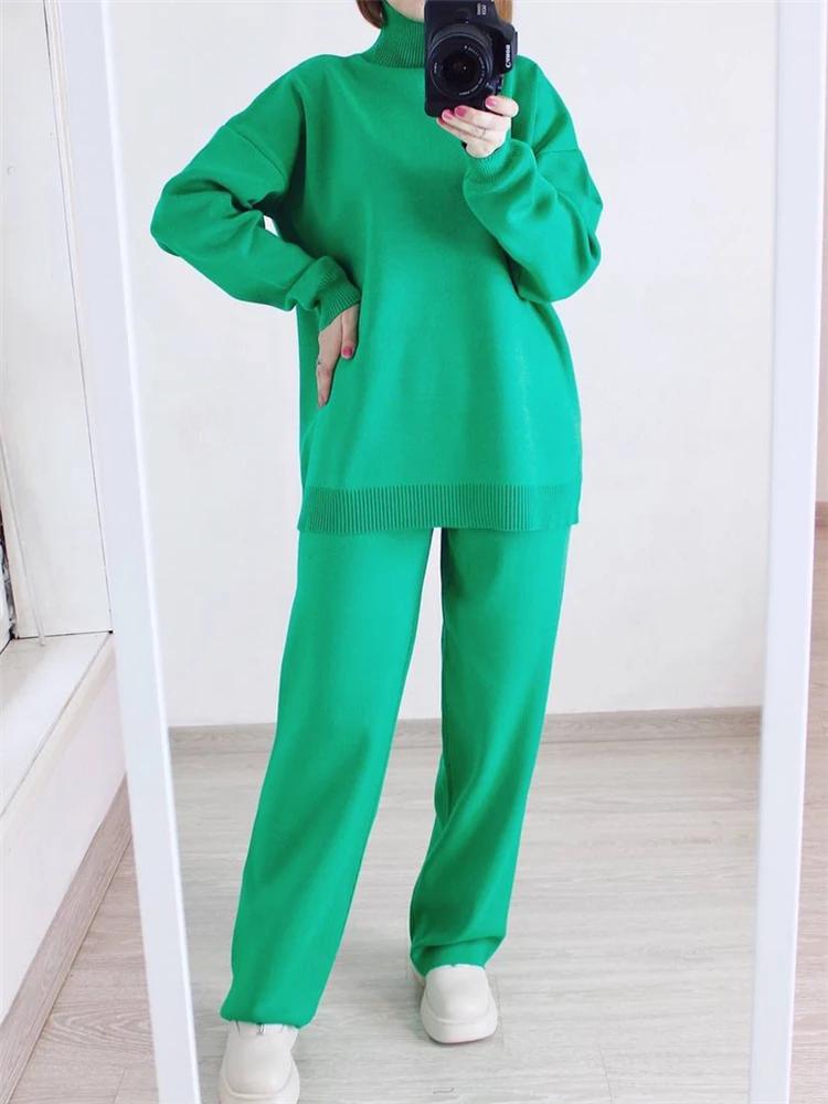 Ensemble 2 pièces pour femme, survêtement tricoté, pull à col roulé et pantalon de Jogging droit, au