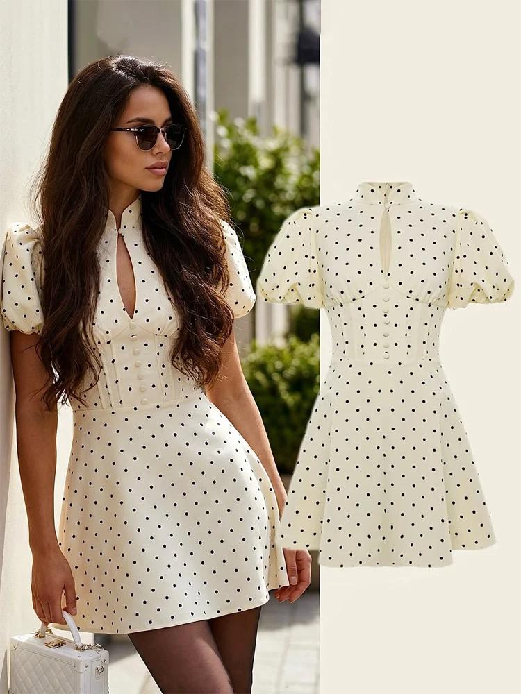 Robe Courte Rétro à Pois Coupe Trapèze pour Femme, Élégante, Col Montant, Manches Courtes Bouffantes