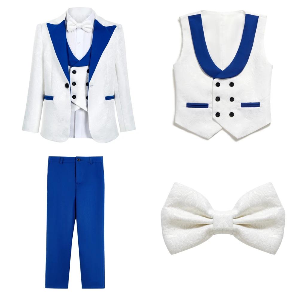 DTLumila - Costume de Cérémonie 3 Pièces Blanc pour Garçons 2026 avec Col Châle Bleu, Nœud Papillon 