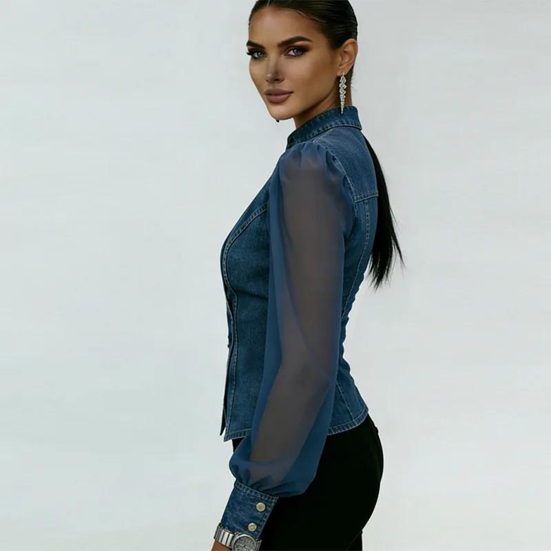 Chemisier vintage en jean et maille transparente pour femme, à manches longues, boutonné, col à reve