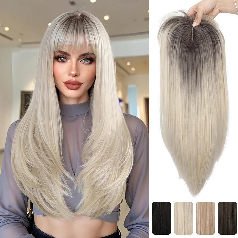 Extensions de cheveux synthétiques à clips avec frange : postiche longue et droite haute température