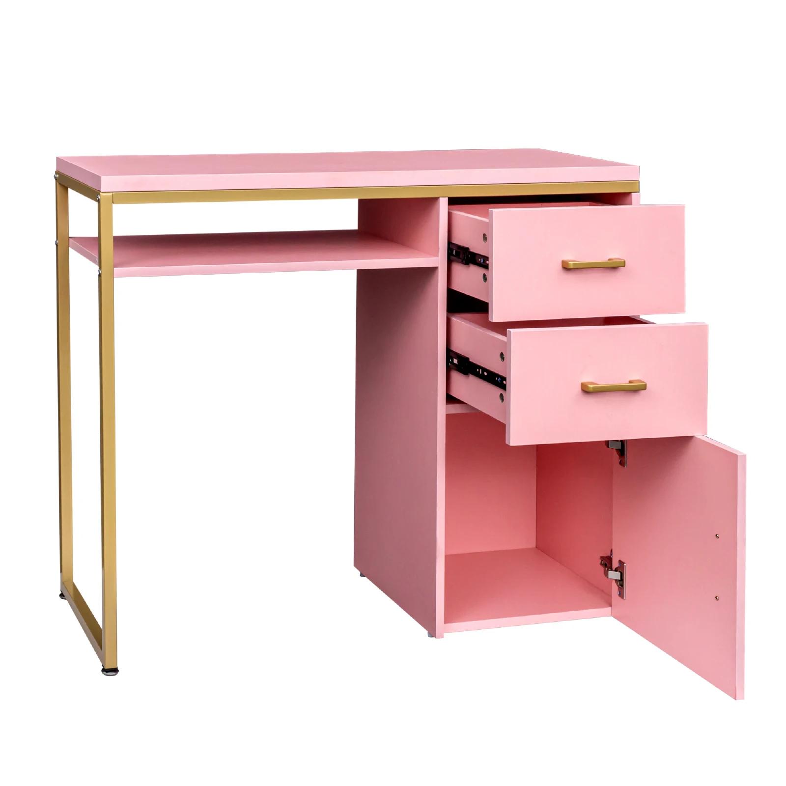 FCH-Tuyau de fer en panneau de particules rose, 2 tiroirs, 1 porte de bureau d'ordinateur, peut être