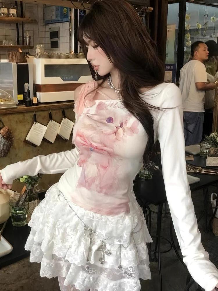 Y2k chat imprimé blanc épaules dénudées à manches longues t-shirt femmes avant rose dentelle nœud at