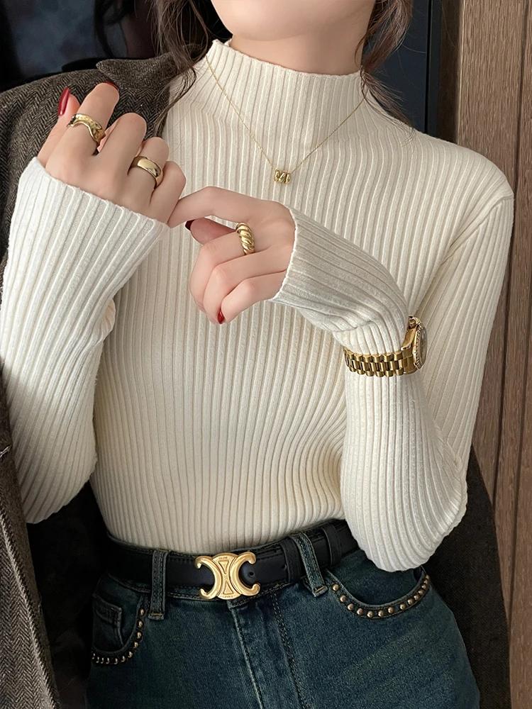 Pulls en maille unie slim chic pour femme, col roulé, manches longues, décontractés, chauds, basique