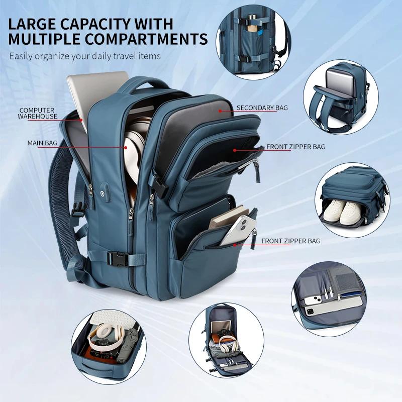 Grand sac à dos de voyage pour femmes et hommes, sac de cabine multifonctionnel pour avion, étanche,