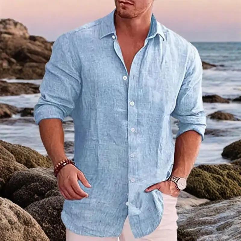 Chemise polyvalente à manches longues pour hommes, coton, lin, décontracté, style de villégiature, m