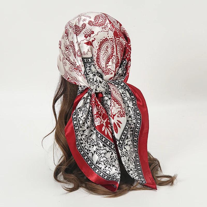 Foulard carré en Satin pour femmes musulmanes, Hijab élégant, imprimé 2025, foulard en soie, châle, 