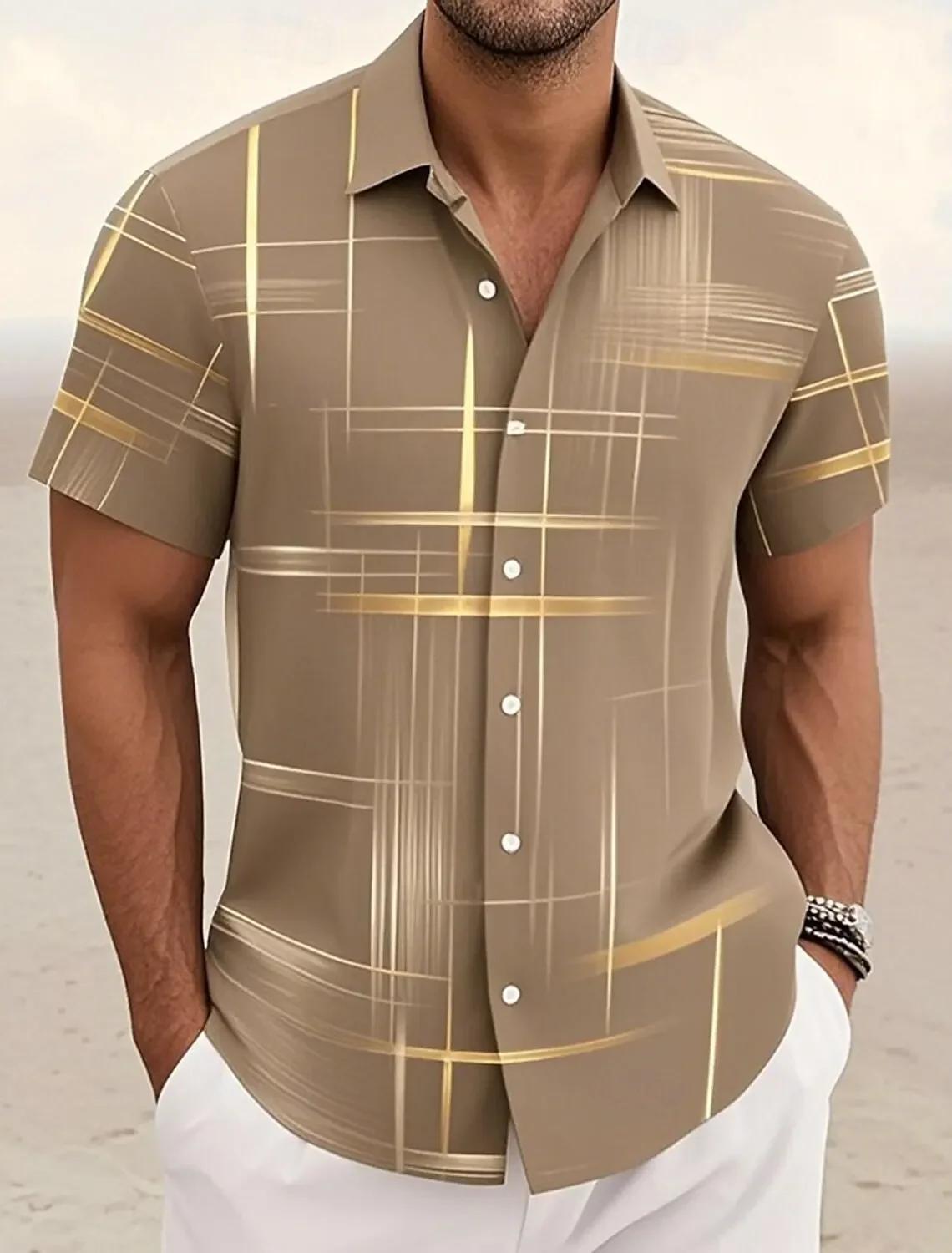 Chemises d'été à carreaux à grille géométrique pour hommes, chemise hawaïenne à manches courtes raba