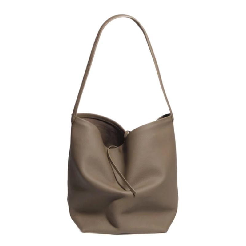 Sac à main en cuir véritable pour femme, couleur unie, minimaliste, sac à bandoulière, sac seau