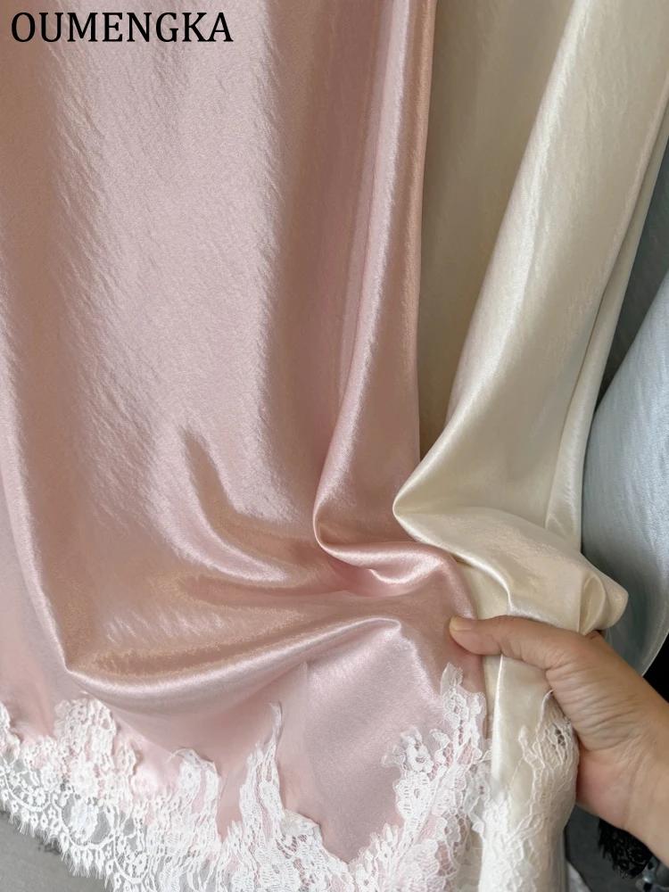 OUMENGKA été français élégant Satin sirène jupe femmes dentelle Patchwork taille élastique longue a-
