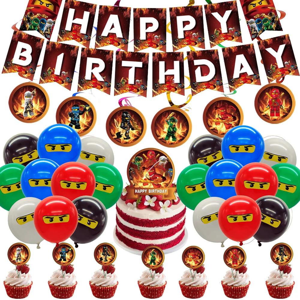 Décorations de fête d'anniversaire sur le thème de Ninjago, ballons Ninja, vaisselle, assiettes en p