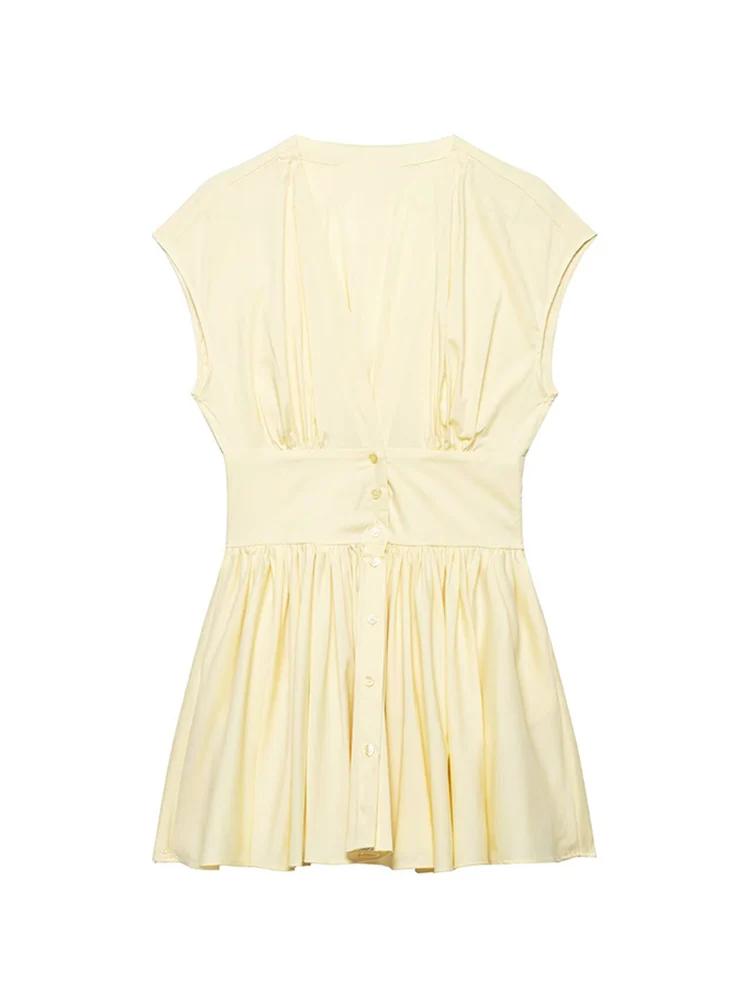 TFMLN Robe Courte Chemise Tendance pour Femme, Coupe Slim Décontractée, Manches Courtes, Col en V, B