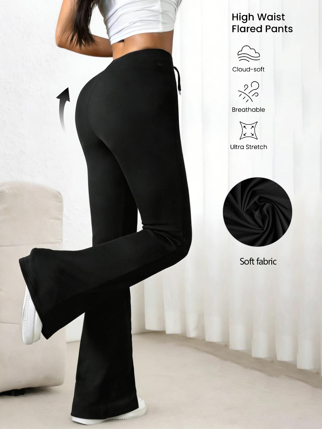 Pantalon noir taille haute à cloche pour femmes, cordon de serrage à la taille, extensible, doux pou