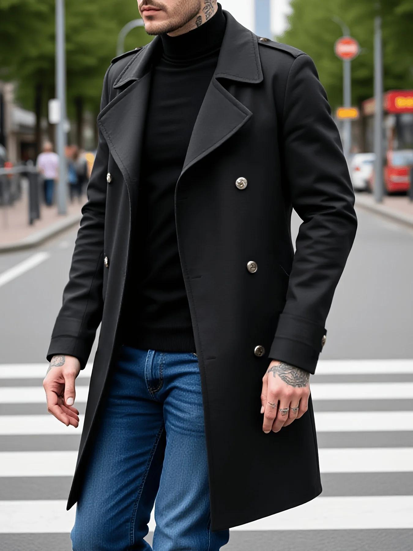 Veste-manteau à feuilles pour hommes début d'automne Plus laine épaisse, Double boutonnage décontrac
