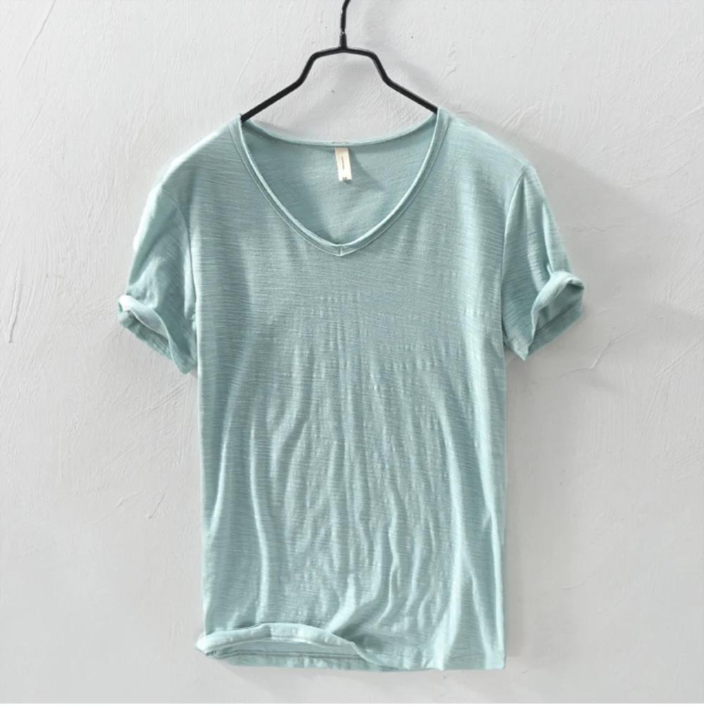Nouveaux hommes T-Shirt couleur Pure col en V à manches courtes hauts T-Shirts hommes T-Shirt 10 cou