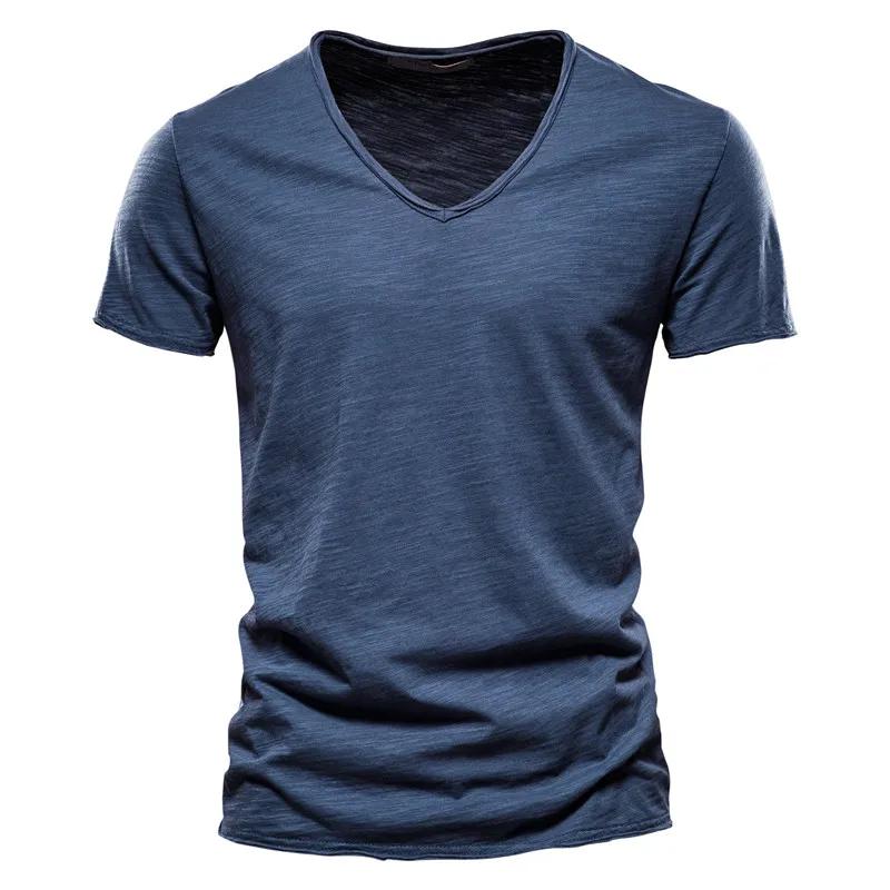 Qualité de la marque100% coton t shirt homme de marque Col en V mode homme Coupe ajustée Soild T-shi