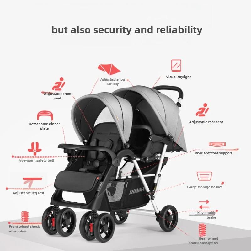 Poussette double légère pour bébé, peut s'asseoir ou s'allonger, siège avant et arrière pliable
