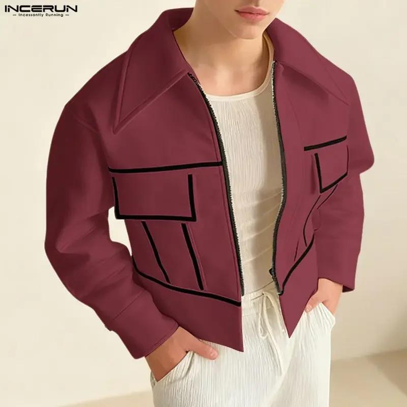 Vestes Homme INCERUN – Blousons Courts à Revers et Manches Longues avec Fermeture Éclair, Style Patc