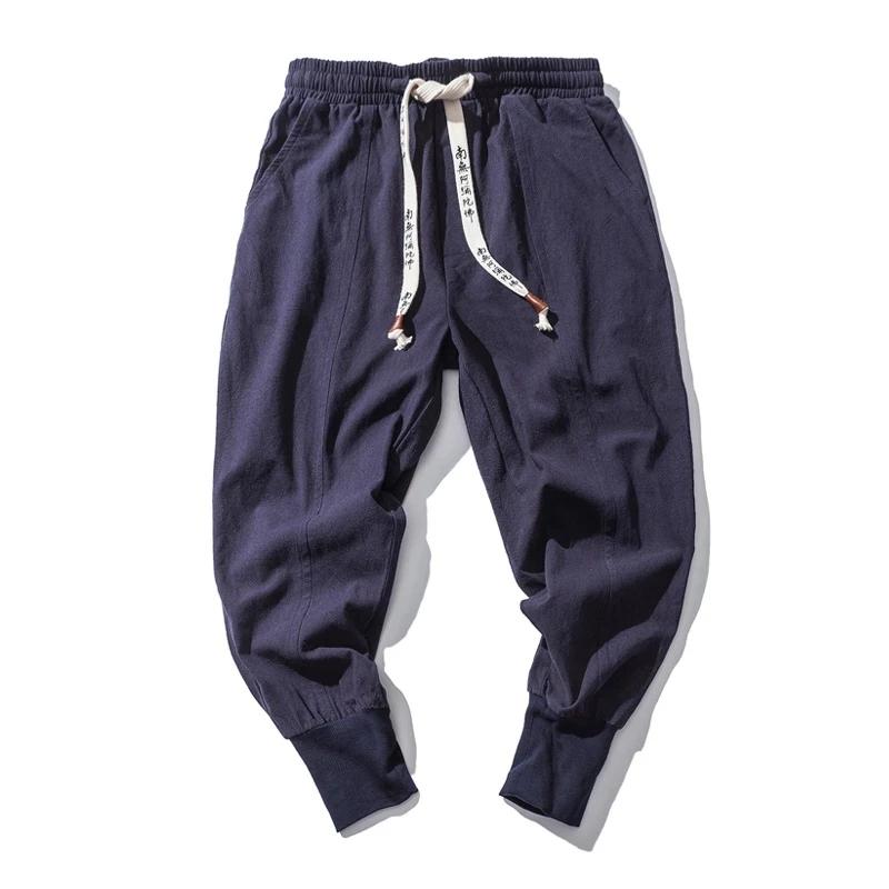 Pantalon sarouel en coton et lin pour hommes, couleur unie, taille élastique, Streetwear, jogging, B
