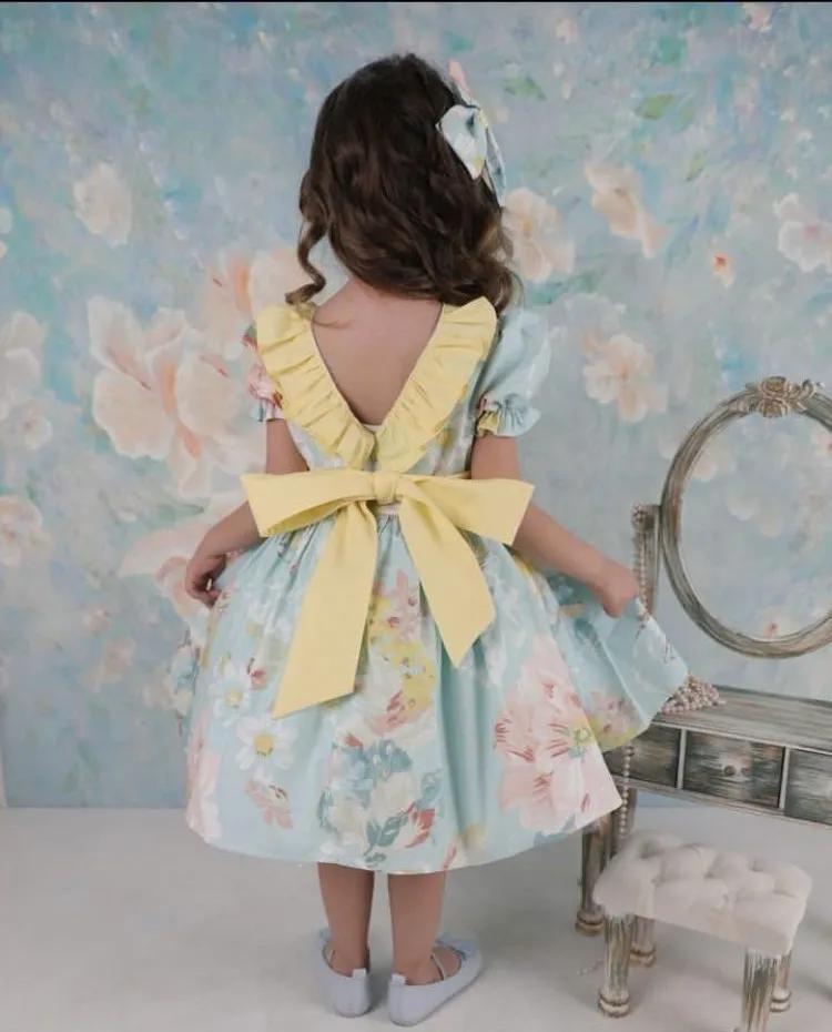 0-12Y bébé fille été Rose Floral bleu turc Vintage Lolita princesse robe de bal robe pour anniversai