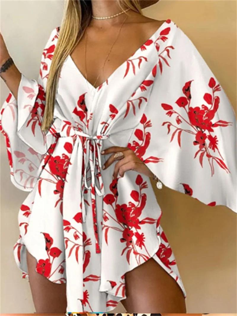 Femmes robe imprimée Sexy col en v manches chauve-souris volants fleurs imprimer bohème plage robe d
