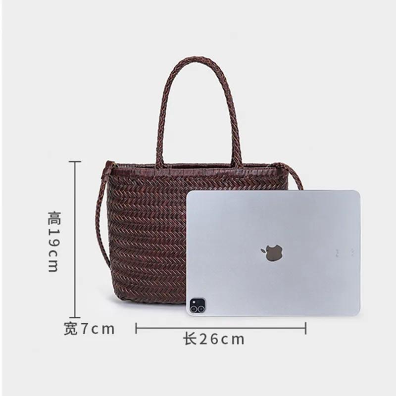 Sac à poignée supérieure tissé en cuir de vache pour femme, sacoche décontractée en tricot tressé, V