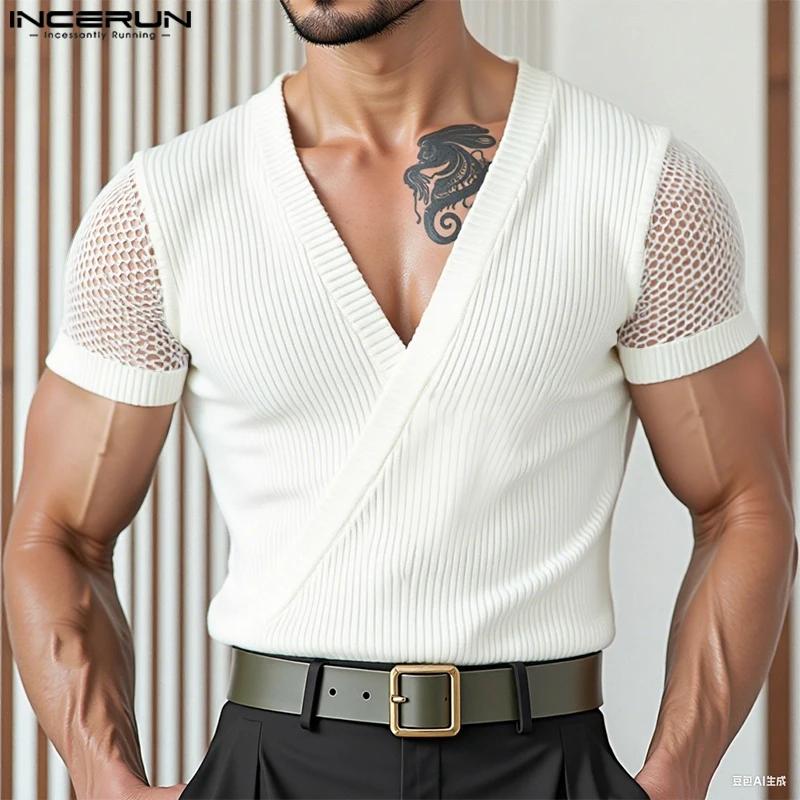 INCERUN hommes t-shirt maille Patchwork col en V à manches courtes hommes t-shirt hauts été Streetwe