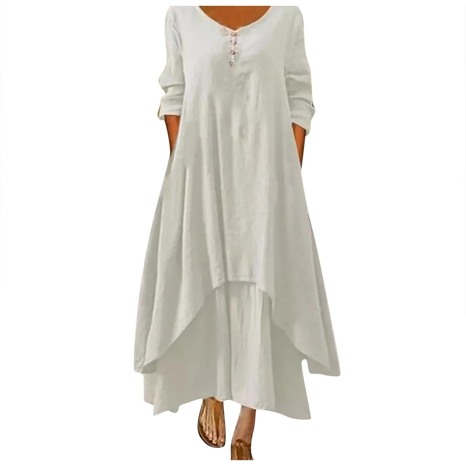 Robe longue en coton pour femmes, décontractée, à la mode, avec boutons, couleur unie, pour document
