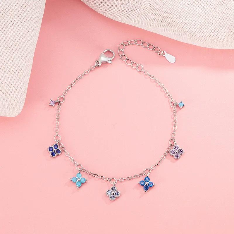 Bracelet et chevillère en argent sterling 925, nouveau, trèfle à quatre feuilles multicolore, diaman