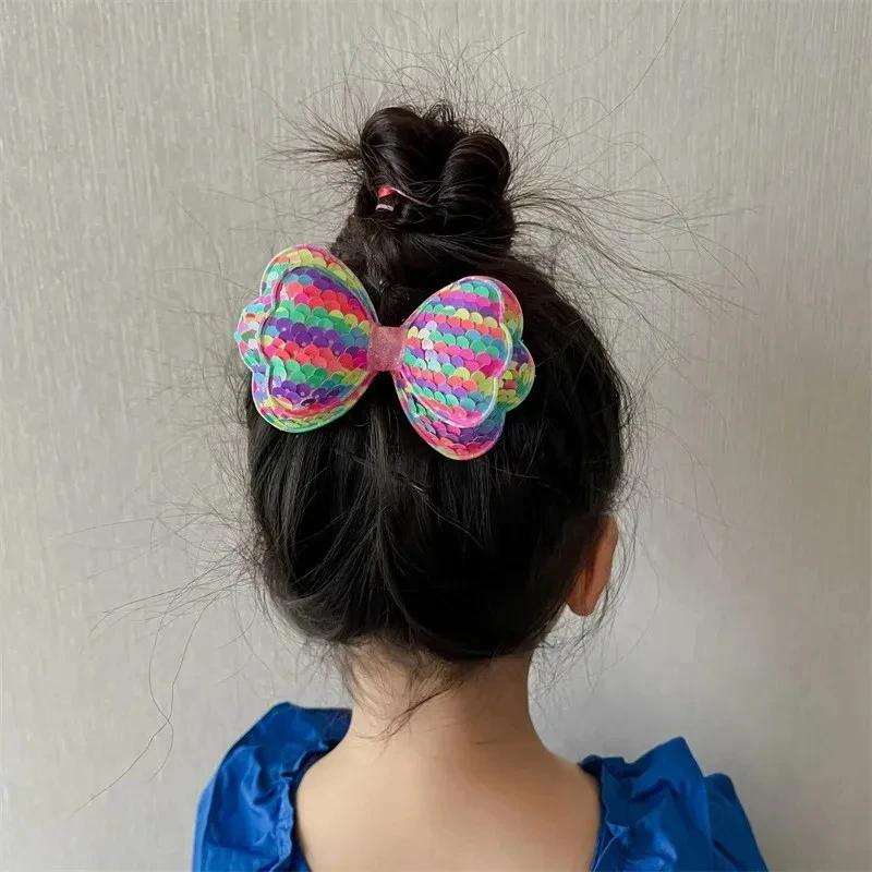 Pinces à cheveux longues à paillettes de couleur dégradée, 5 pièces, grand nœud, pour filles et enfa