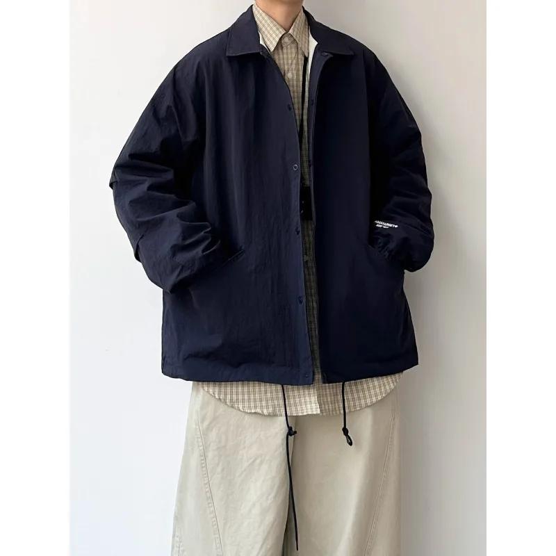 Veste Homme Printemps Automne Col Rabattu Manches Longues Fermeture Éclair Rétro Fine Ample Décontra