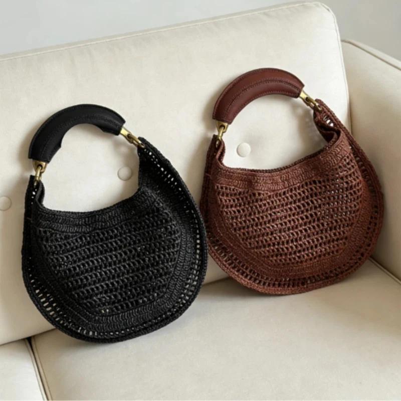 Sac à main de luxe en forme de croissant, tissé, au design ajouré élégant, sac sous le bras pour fem