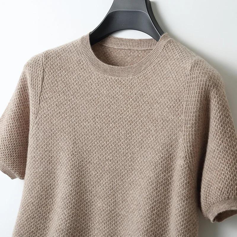 T-Shirt tricoté en laine mérinos pour hommes, col rond, aiguille en nid d'abeille, gilet à manches c