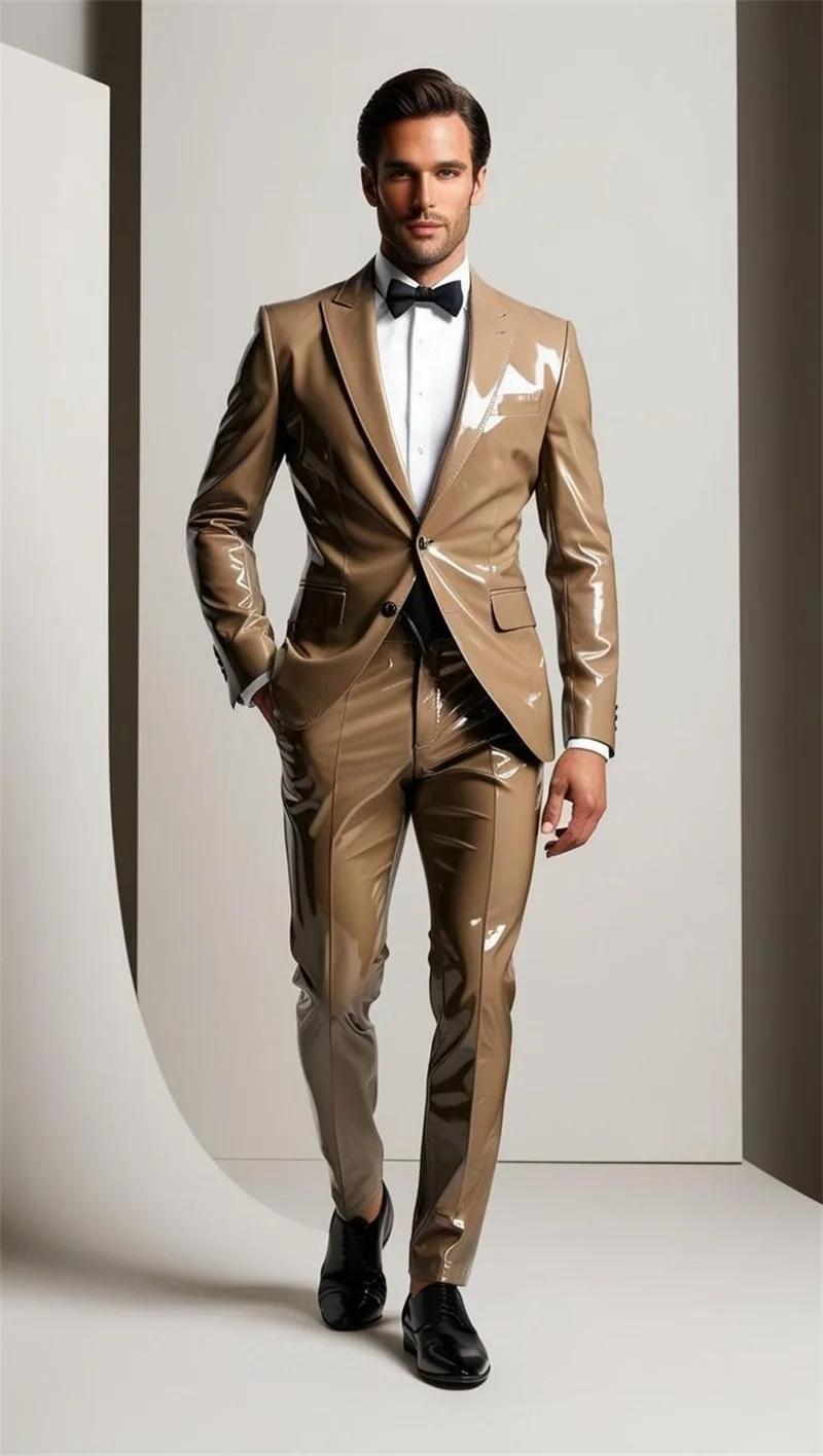 Ensemble de costumes en cuir PU brillant pour hommes, 2 pièces, Blazer + pantalon, smoking de mariag