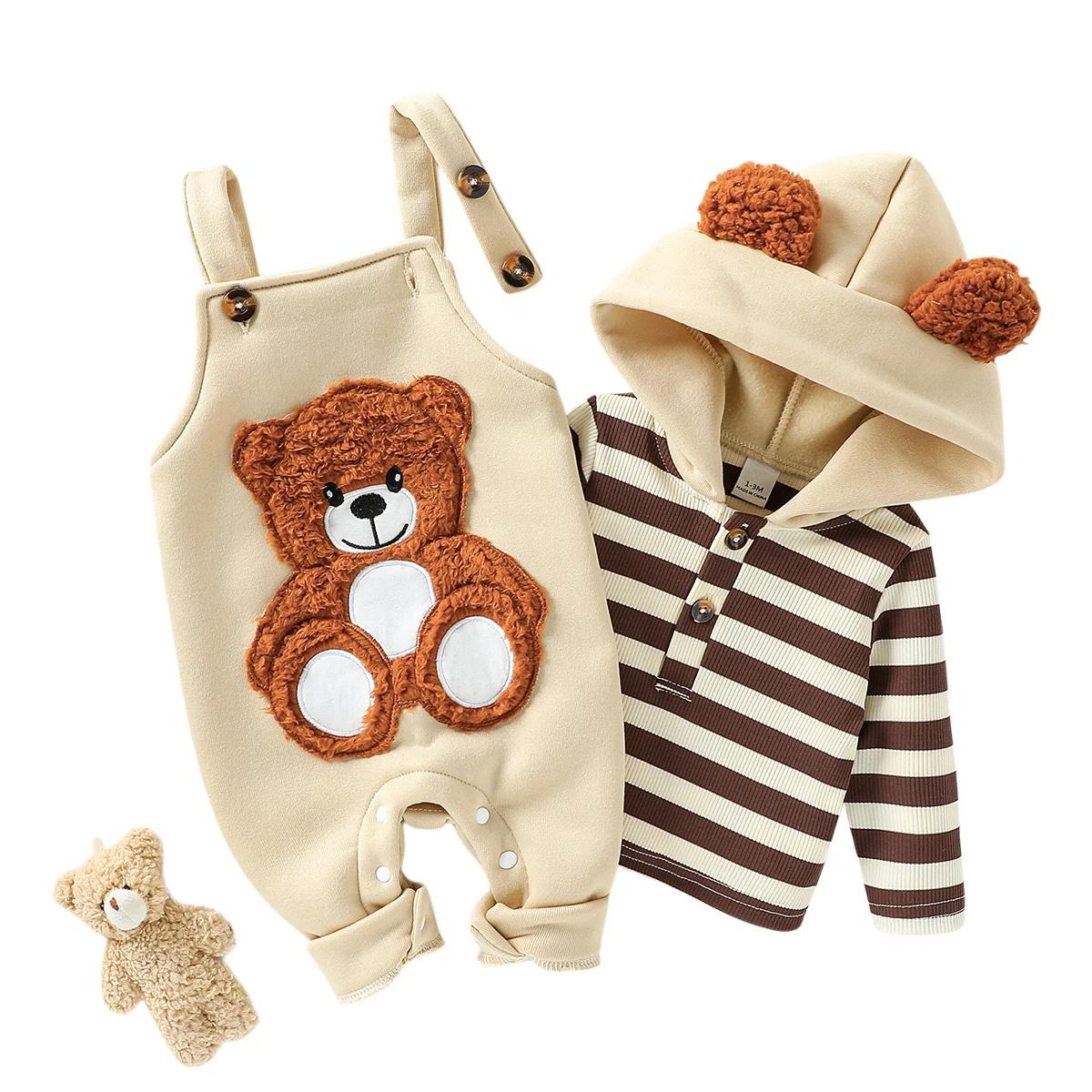 Ensemble de vêtements pour bébé garçon, sweat-shirt à capuche rayé à manches longues, salopette ours