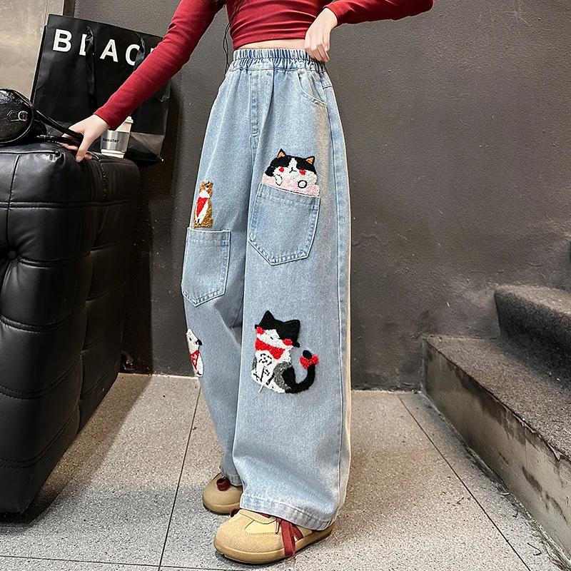 Printemps junior filles dessin animé jambe large jeans adolescents enfants serviette brodé chat deni