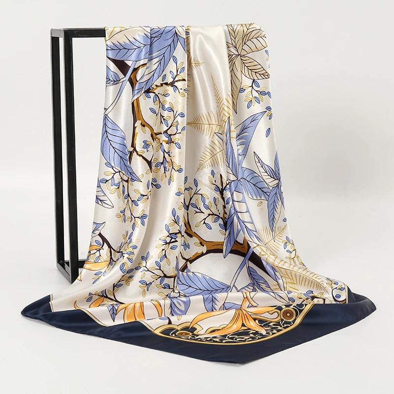 Foulard carré en soie pour femmes, châle imprimé, bandeau en Satin, Hijab, bandes de cheveux, Bandan