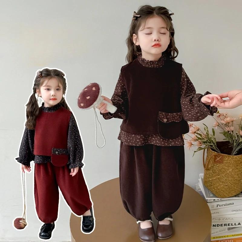 Vêtements à la mode pour filles, nouvelle chemise florale, gilet et pantalon de couleur unie, ensemb